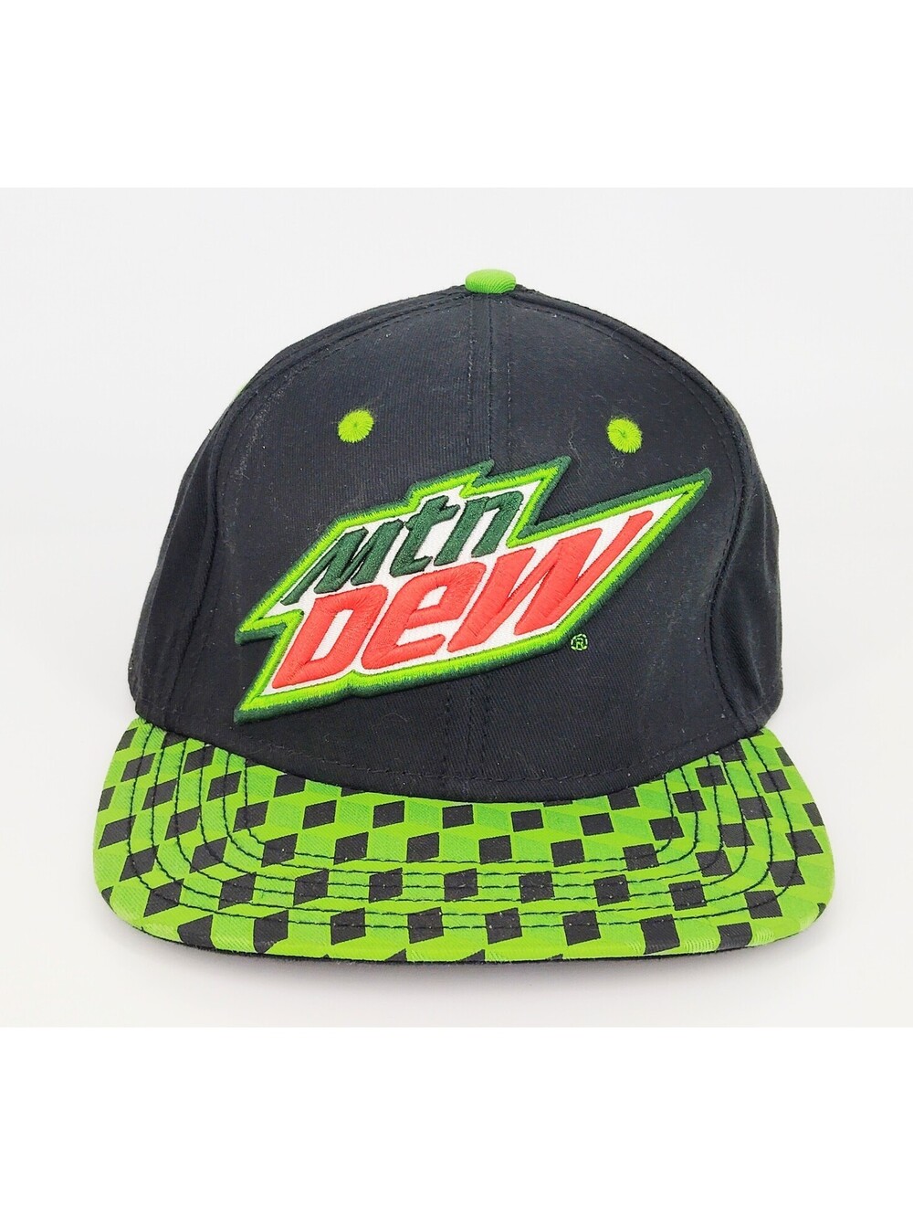 Mountain Dew Snapback Hat Black Green Checkerboard Flat Bill Cap 2016   VG